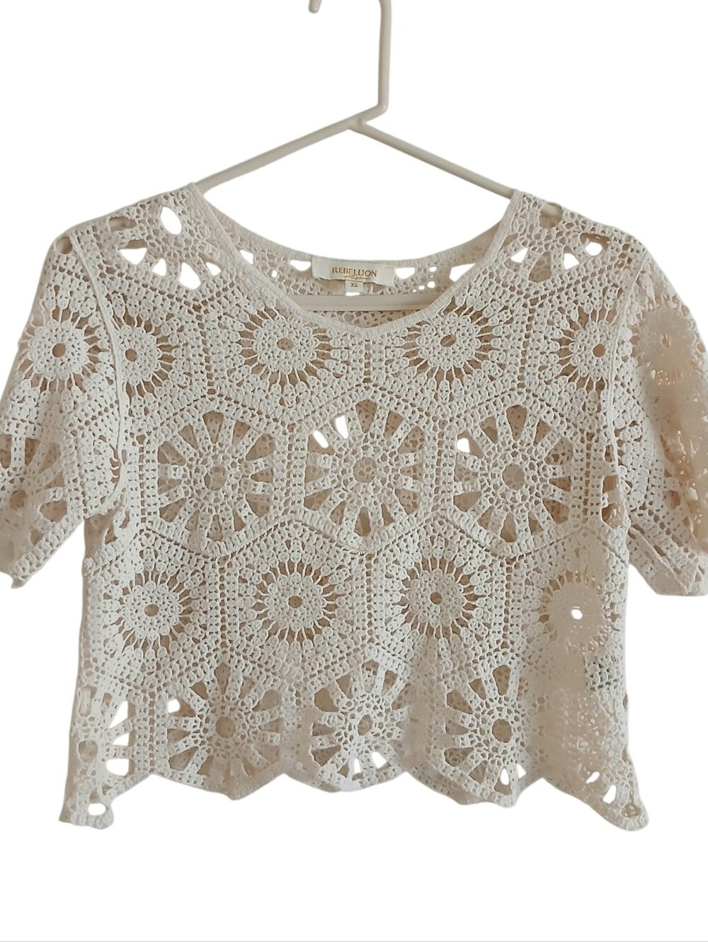 Rebellion Again 100% Cotton Crochet Crop Top Women's XS Ivory Open Knit Granny